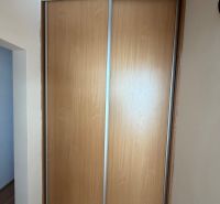 Skříň s posuvnými dveřmi a podlahou s dřevěným dekorem v 3-pokojovém bytě.