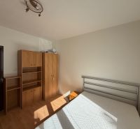 Ložnice v třípokojovém bytě s bílými stěnami a podlahou s dřevěným dekorem.