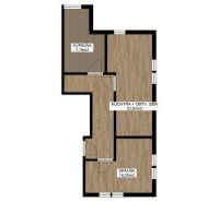 Půdorys 2-pokojového bytu s ložnicí, kuchyní a obývacím pokojem, podlaha s dřevěným dekorem.