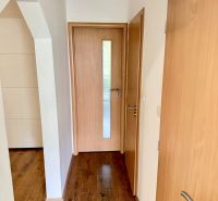 Chodba ve 4pokojovém bytě s dveřmi a podlahou s dřevěným dekorem.