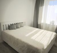 Ložnice s postelí a podlahou s dřevěným dekorem v 2pokojovém bytě, světlé závěsy.