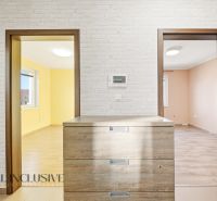 Světlý interiér 3-pokojového bytu s podlahou s dřevěným dekorem a cihlovým obkladem.