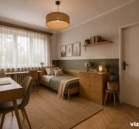 Dětský pokoj ve 3-pokojovém bytě s podlahou s dřevěným dekorem, vyzdobený zelenými doplňky.