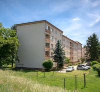 Bytové domy na ulici Švermova v Trenčíně s okolní zelení a zaparkovanými auty.