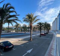 Palmy a podél cesty zaparkovaná auta u apartmánů v La Manga del Mar Menor, Španělsko.