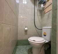 Toaleta v rekreačním apartmánu s obkladem do poloviny stěny, zelené dlaždice.