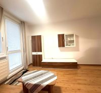 Rekreační apartmán s podlahou s dřevěným dekorem, nábytkem a velkým oknem.