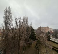 Sněhem pokryté stromy a sídliště v Dunajské Stredě, blízko rekreačního apartmánu.
