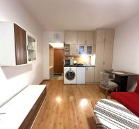 Rekreační apartmán s vestavěnou kuchyní, červenou sedačkou a podlahou s dřevěným dekorem.