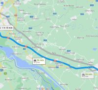 Mapa zobrazuje trasu z Dunajské Stredy do Bratislavy autem za 36 minut.