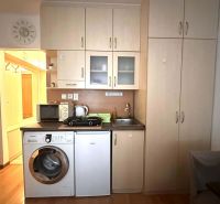 Kuchyně v rekreačním apartmánu s kuchyňskou linkou a pračkou, podlaha s dřevěným dekorem.