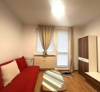 Rekreační apartmán s červenou sedačkou, dřevěným dekorem podlahy a skříní s dekorem dřeva.