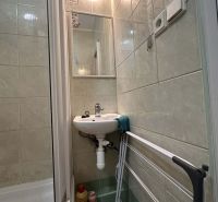 Koupelna Rekreačního apartmánu s umyvadlem, sprchou a sušákem na prádlo.