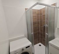 Koupelna se sprchovým koutem a pračkou v 1-pokojovém bytě.