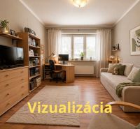 Obývací pokoj ve 4pokojovém bytě s podlahou s dřevěným dekorem a pohodlnou sedačkou.