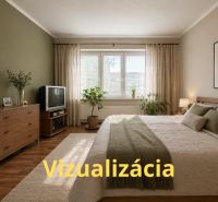 Ložnice s podlahou s dřevěným dekorem, televizorem a prostornou postelí ve 4pokojovém bytě.