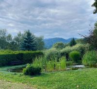 Zahrada s rybníkem a lavičkou u rodinného domu ve Stankovanech, obklopená zelení a horami.