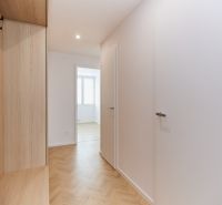 Chodba ve 4-pokojovém bytě s podlahou s dřevěným dekorem a vestavěnou skříní.