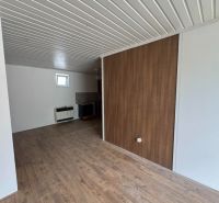 2-pokojový byt s podlahou s dřevěným dekorem a bílými stěnami.