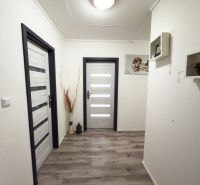 Chodba v rodinném domě s podlahou s dřevěným dekorem a dekorativními poličkami.
