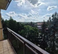 Výhled z balkonu 4pokojového bytu v Myjavě na zelené okolí a sídliště.