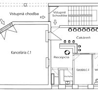 Půdorys kanceláře s recepcí, čekárnou, kuchyní a skladem.