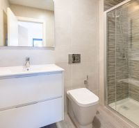 Koupelna v rekreačním apartmánu s velkým sprchovým koutem a elegantním umyvadlem.