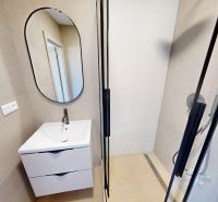 Koupelna s umyvadlem a zrcadlem v 2-pokojovém bytě.