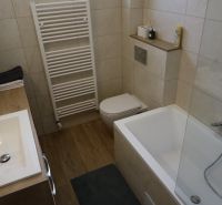 Koupelna v 2-pokojovém bytě s vanou, umyvadlem a podlahou s dřevěným dekorem.
