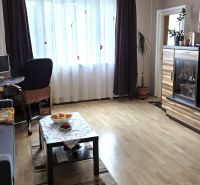 Obývací pokoj ve 4pokojovém bytě s pohovkou a podlahou s dřevěným dekorem.