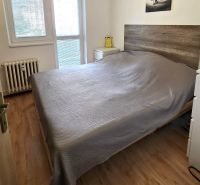 Ložnice s podlahou s dřevěným dekorem ve 4pokojovém bytě, velká postel, dekorace.