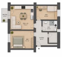 Půdorys 2-pokojového bytu s vybavením, balkon, podlaha s dřevěným dekorem.