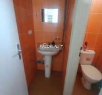 Oranžově obložené toalety s umyvadlem, zrcadlem a WC v obchodních prostorách.