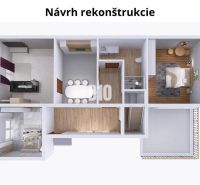 Návrh rekonstrukce rodinného domu s ložnicí, kuchyní a koupelnou s podlahou s dřevěným dekorem.