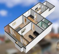 Půdorys 2-pokojového bytu s podlahou s dřevěným dekorem a balkonem.