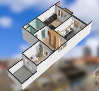 3D půdorys 2pokojového bytu s balkonem a podlahou s dřevěným dekorem.