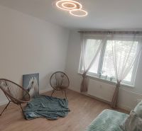 Pokoj ve 4pokojovém bytě s podlahou s dřevěným dekorem, křesly a osvětlením.