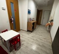 Interiér obchodních prostor s podlahou s dřevěným dekorem a dětským koutkem.