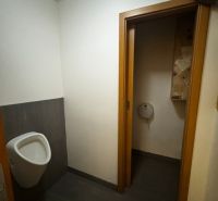Interiér obchodních prostor s toaletou a tmavou podlahou s dřevěným dekorem.