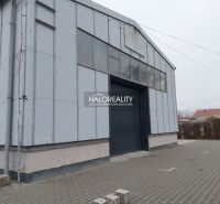 Skladová hala v KE - Džungle s plechovou fasádou a dlažbou před vstupem.