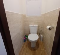 Toaleta s obkladem a podlahou s dřevěným dekorem v 3-pokojovém bytě.