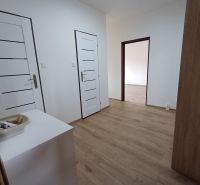 Interiér 3-pokojového bytu s bílými dveřmi a podlahou s dřevěným dekorem.