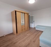 Pokoj v 3-pokojovém bytě s podlahou s dřevěným dekorem a šatní skříní.