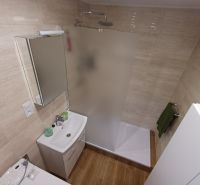 Koupelna ve 3pokojovém bytě s toaletou, sprchovým koutem a podlahou s dřevěným dekorem.