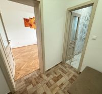 Chodba 2-pokojového bytu s podlahou s dřevěným dekorem a dlaždičkami.
