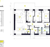 Půdorys 4-pokojového bungalovu s terasou v Nových Zámcích zahrnuje obytné a technické místnosti.