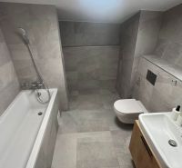Koupelna se sprchou, vanou a zrcadlem v Rekreačním apartmánu.