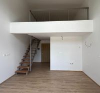 Interiér rekreačního apartmánu s podlahou s dřevěným dekorem a galerií se schodištěm.