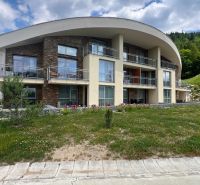 Rekreační apartmán v Horní Lehotě na Tálech s plochou střechou a dřevěným dekorem.