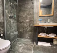 Koupelna v rekreačním apartmánu s tmavými obklady a sprchovým koutem.